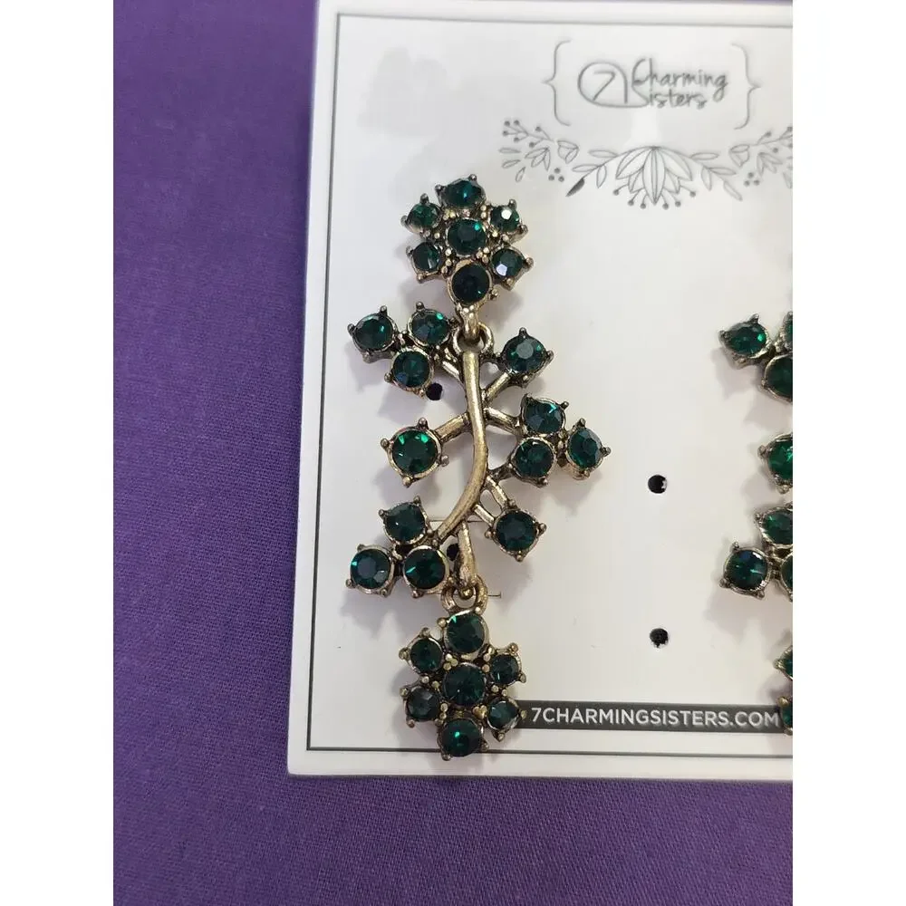 Green Rhinestone Crystal Flower Chandelier Dangle Earrings Antiqued Gold Tone